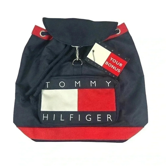 Vintage 90s Tommy Hilfiger Big Logo Spell Out Top Loader Cinch Backpack Bag NWT - Picture 2 of 3